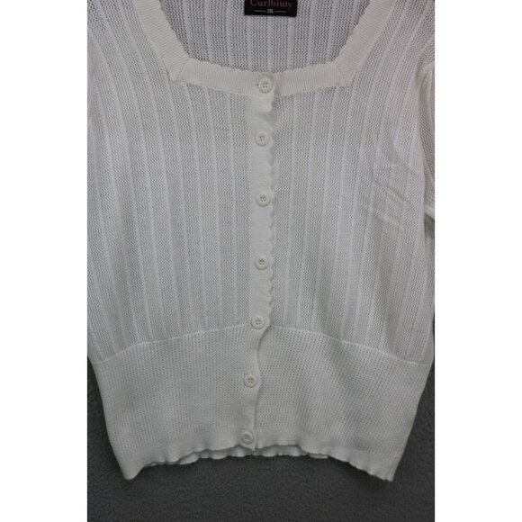 Curlbiuty Vintage Short Sleeve Scalloped Open Knit Button-Up Sweater-Size 2XL - Picture 2 of 10